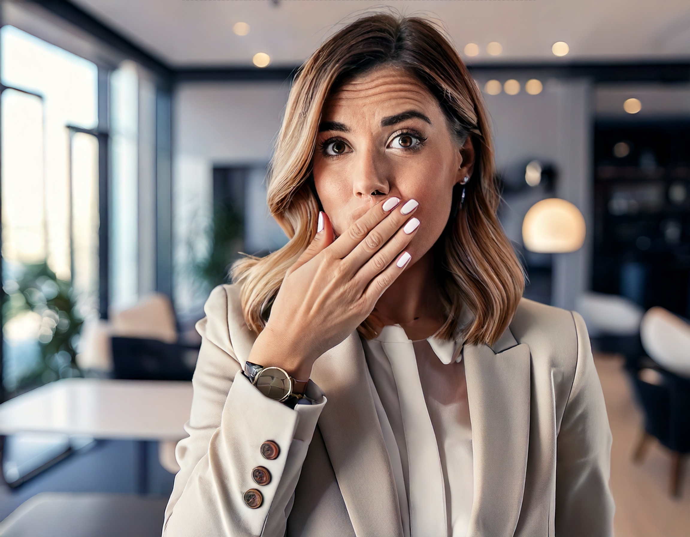 New home sales consultantcovering her mouth in surprise—symbolizing the realization of sales habits that unintentionally drive buyers away.