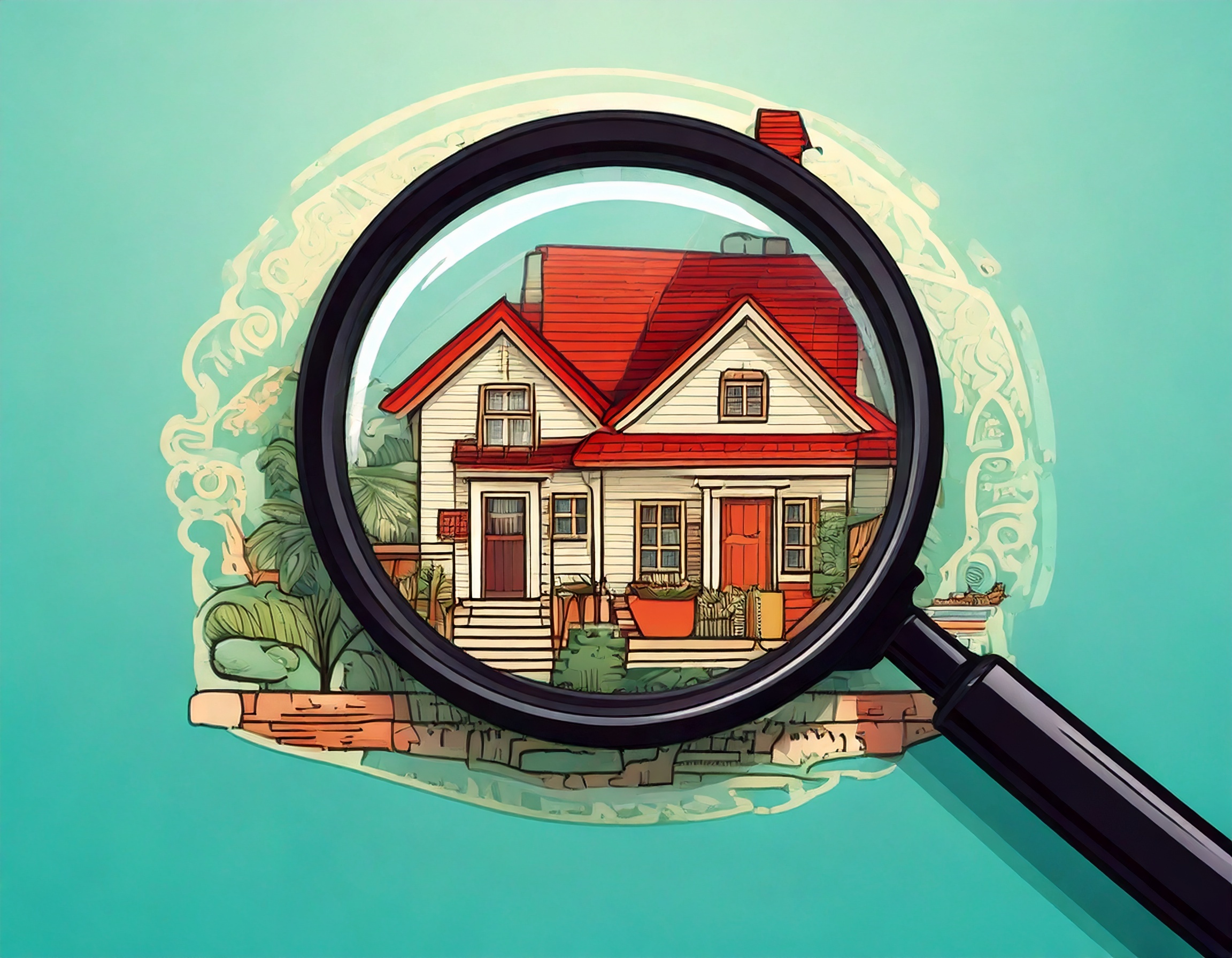 Illustration of a magnifying glass zooming in on a red-roofed house, revealing hidden details and symbolizing a deeper look into homebuyer motivations. The background is teal with decorative accents, suggesting insight beyond surface-level home features.