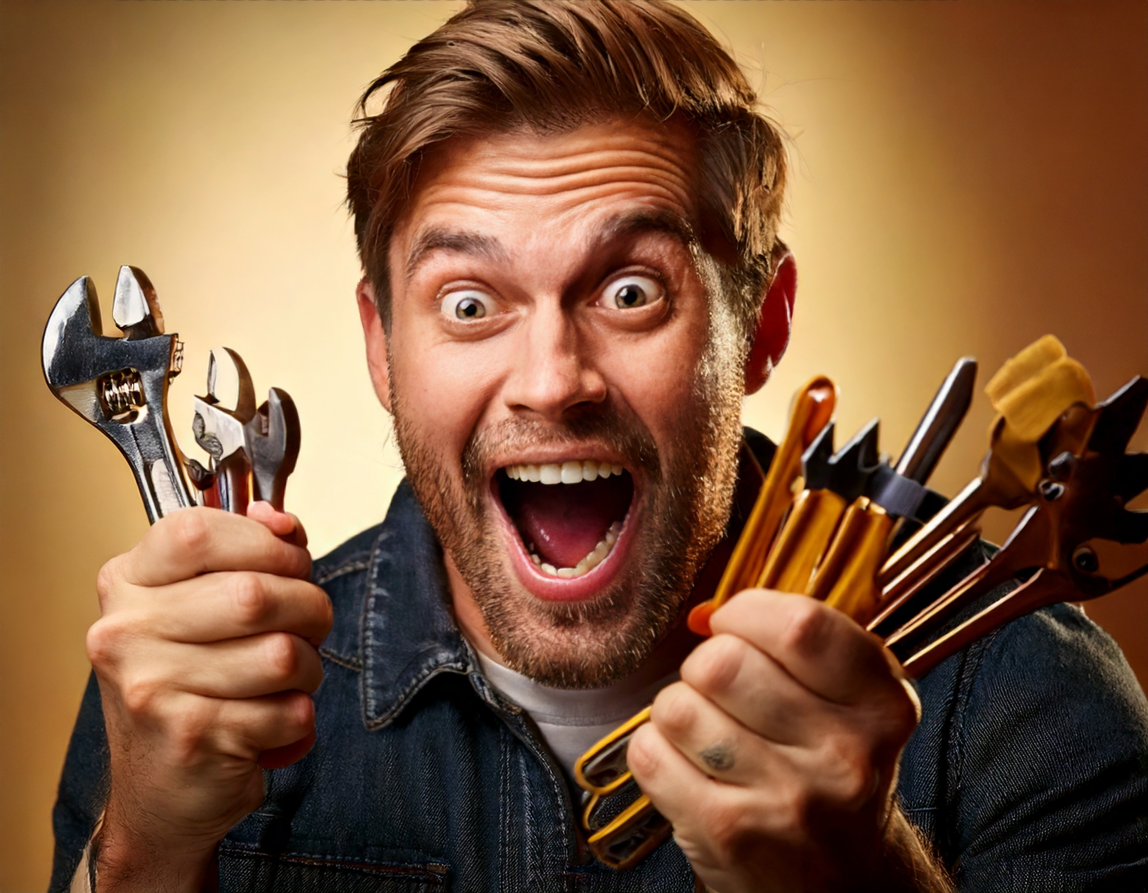 Overzealous handyman gripping too many tools with a manic expression, symbolizing real estate agents who rush to fix problems without listening—killing home deals by acting before understanding.